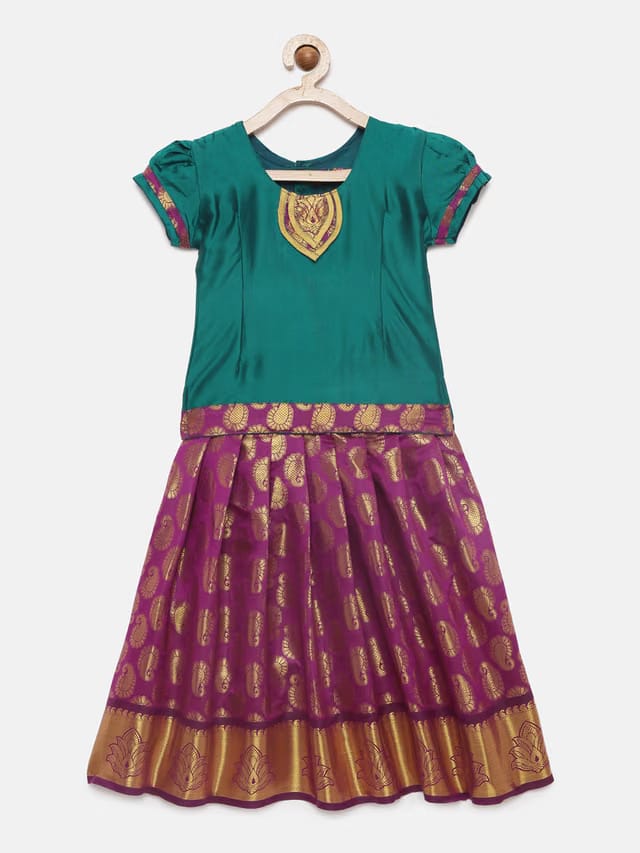 Girls Teal Blue & Pink Ready to Wear Pattu Pavadai