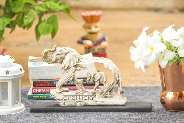 Resin Elephant Statue with Baby Elephant Animal Figurine On Wooden Base for Feng Shui and Vaastu Statue (23X6X16 cm