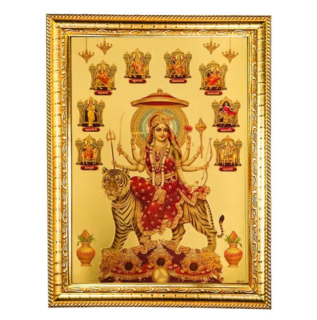 Gold Plated Nav Durga Sherawali Maa Ambe Maa Photo Frame, Size 36x26x2 cm