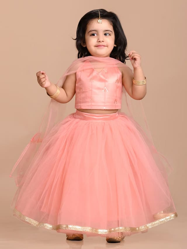 BAESD Girls Embroidered Net Thread Work Ready to Wear Lehenga & Blouse With Dupatta