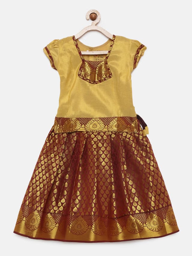 Gold-Toned & Brown Ready to Wear Pattu Pavadai