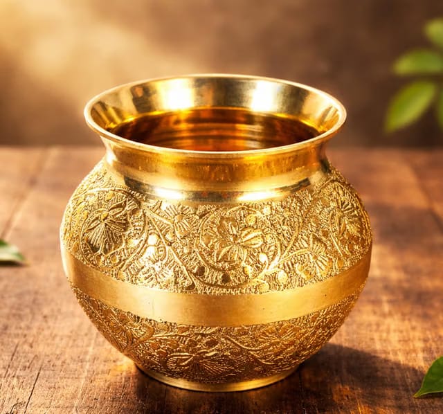 Pure Brass Lota for Puja, Brass Kalash for Pooja Handcrafted Floral Design Brass Vessel for Home Temple, Jal Arpan