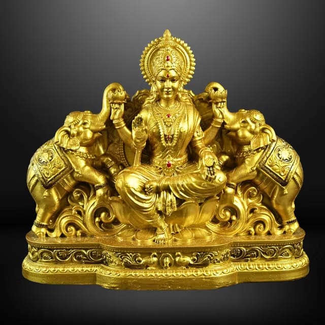 Gaja Lakshmi Idol On Lotus with Elephants │ 4.5 Inch Polystone Laxmi Murti │ Brass