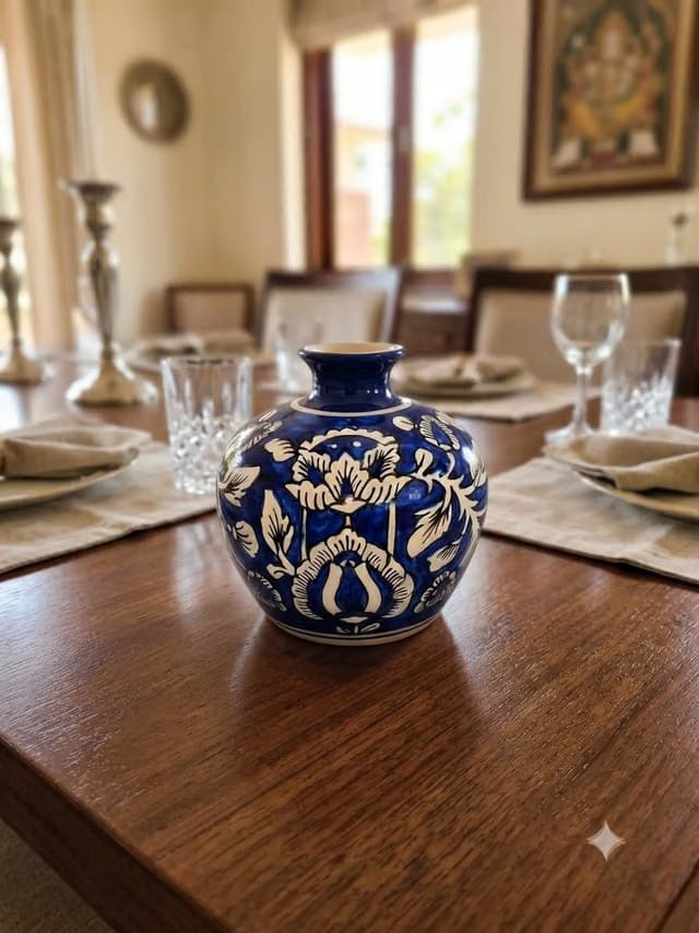 Blue Pottery Ceramic Vase with Floral Motif, Blue and White