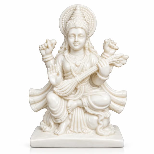 Handmade White Marble Dust Maa Saraswati Idol/Statue for Pooja, Home-Office Decor (3x4 inch)