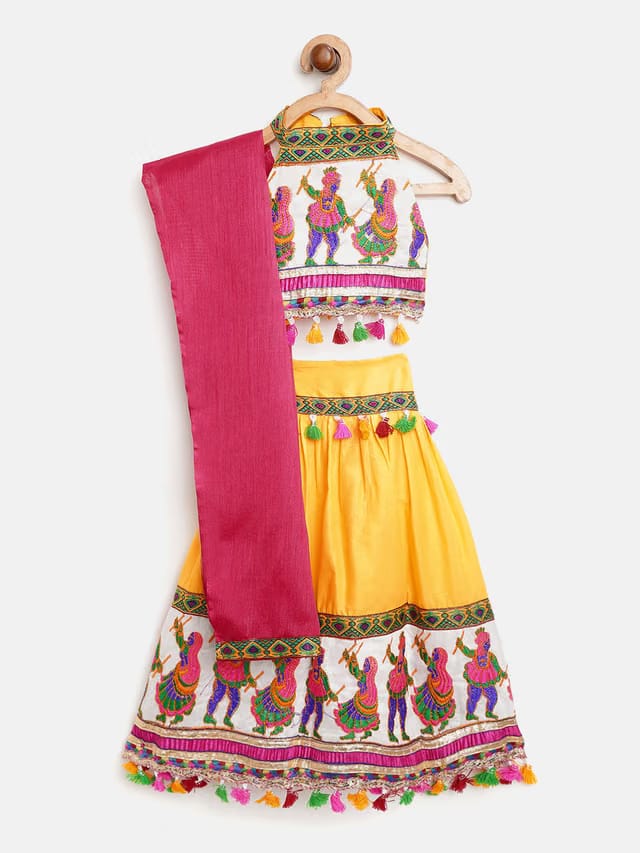 Girls Yellow & White Embroidered Ready to Wear Chaniya Choli with Dupatta