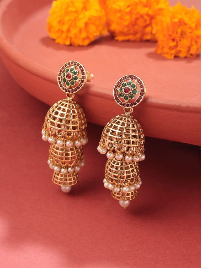 Gold Plated Dome Shaped Jhumkas Traditional Earrings