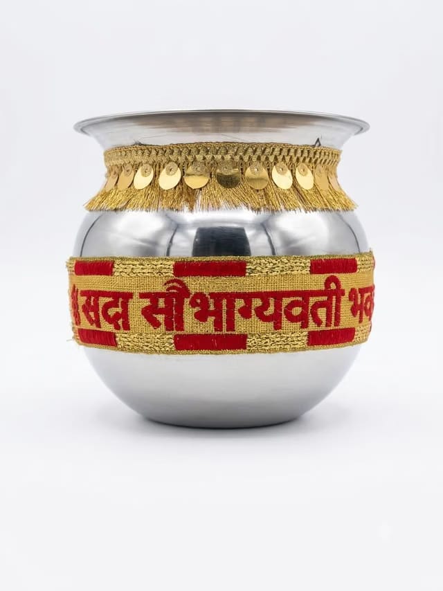 Bhavanya : Decorated Steel Lota for Pooja Teez Shadi Hartalika/Haryali Teez Fast Kalash Vrat Pooja Shadi Marriage