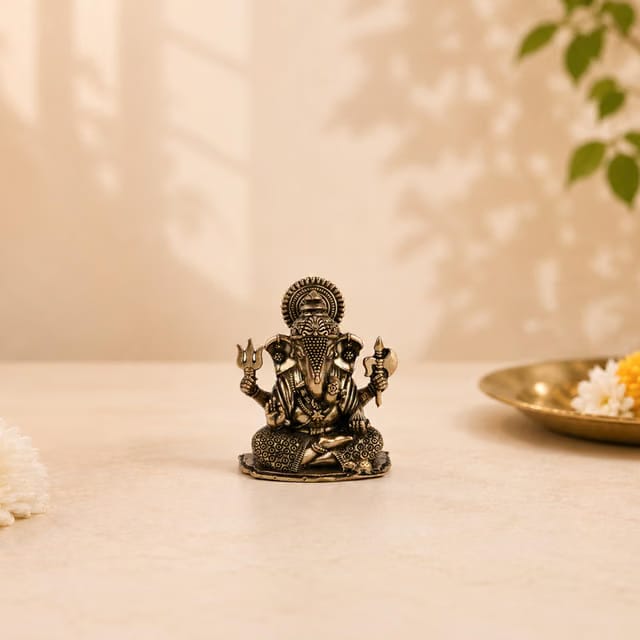 1.5 Inch Shree Dagdusheth Ganesh Brass Murti for Home Temple, Ganpati Idol for Pooja Room, Office Desk & Study Table