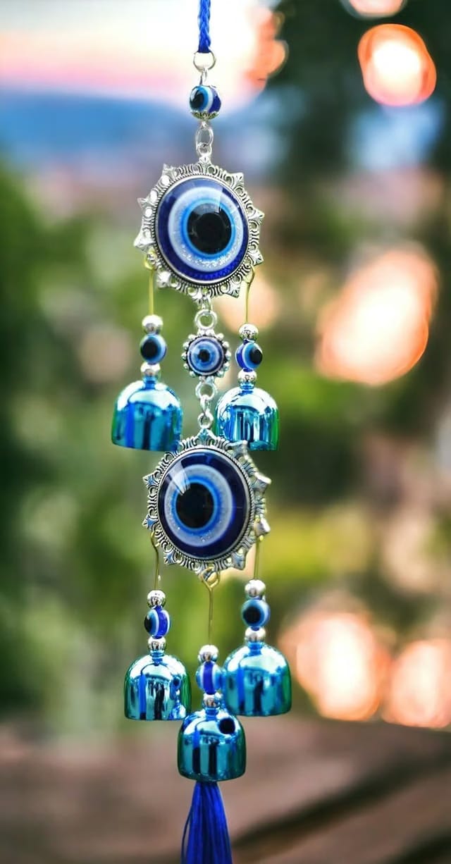 5 Bell Evil Eye Metal Wind Chimes for Home Balcony Evil Eye Protection - Positive Energy Wall Hanging