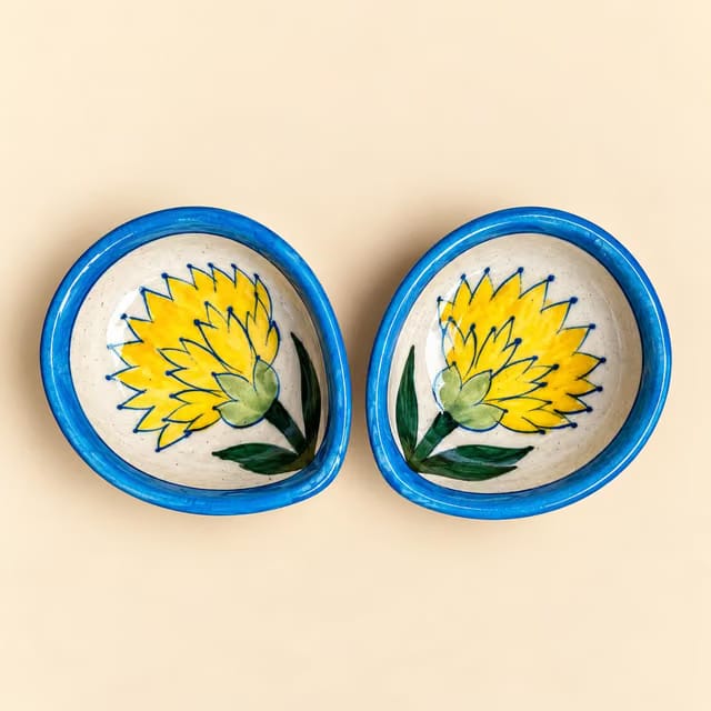 HastKala Blue Pottery Diya ( Set of 2 ) Golden Petals
