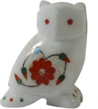 Handmade White Marble Inlay Owl Showpiece 3 Inch, Decorative Vastu Owl Figurine for Home Décor