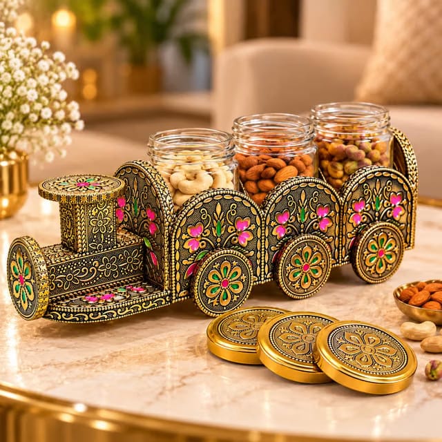 Train Shape Dry Fruit & Mukhwas Container Set with 3 Glass Jars