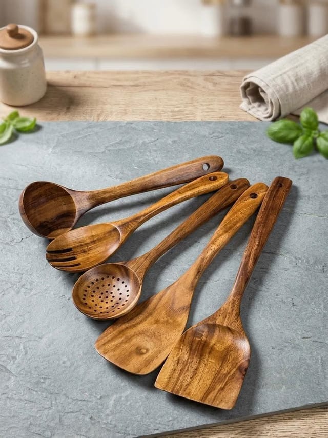 IndigoArt Wooden Spoons for Cooking, Kitchen Utensils Set, Spatula for High Heat Stirring, Baking