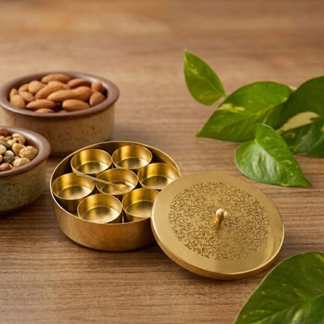 Brass Masala Box for Kitchen with Spoon (7 Detachable Spice Katoris)
