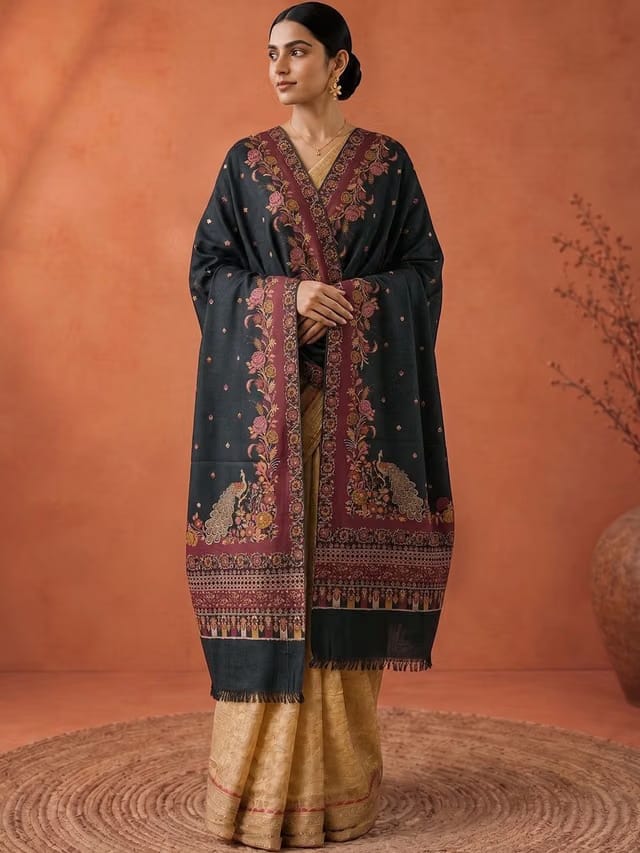 SOURAGYA Women Ethnic Motifs Black Peacock Detailing Woven Design Winter Pashmina Shawl