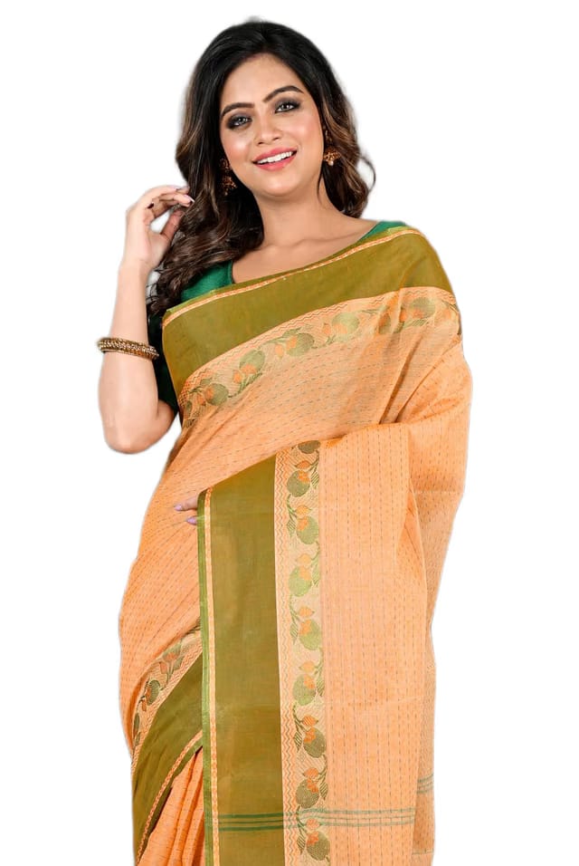 Women's Pure Cotton Kantha Stitch Tant Saree Without Blouse Piece