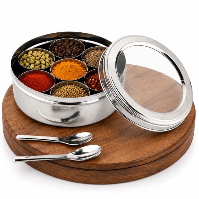 Crystal Stainless Steel Round Masala Dabba/Spice Box/Organiser with See Through Lid