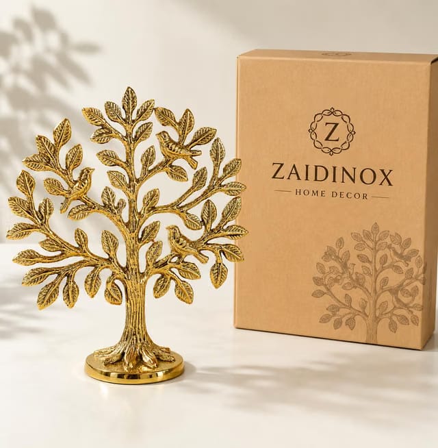 100% Pure Metal, Brass Gold Finish Kalpvriksh Tree with 4 Birds