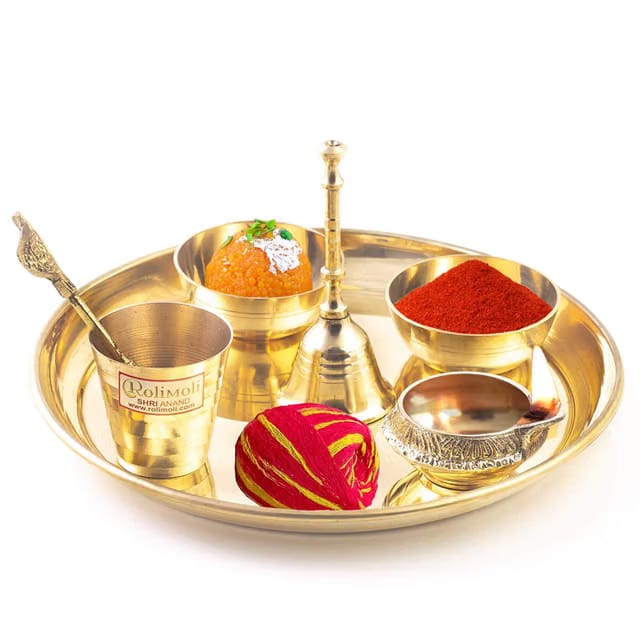 Rolimoli Brass Pooja Plate Set Puja Items/Aarti Thali for Home Mandir