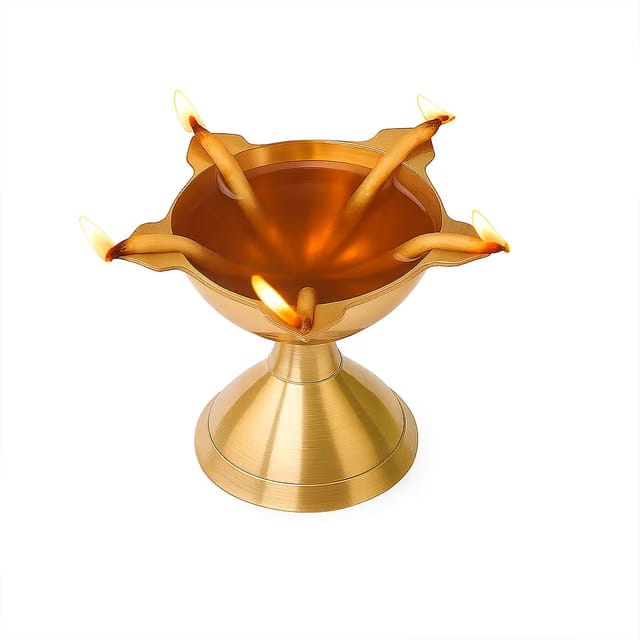 IndianShelf 1 Brass Gold Panchmukhi Diwali Diya Traditional Pooja Oil Lamp