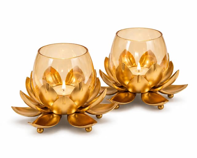 Lotus Tealight Candle Holder Set of 2 – Golden Metal & Glass Decorative Candle Stand for Home Decor, Diwali Decoration