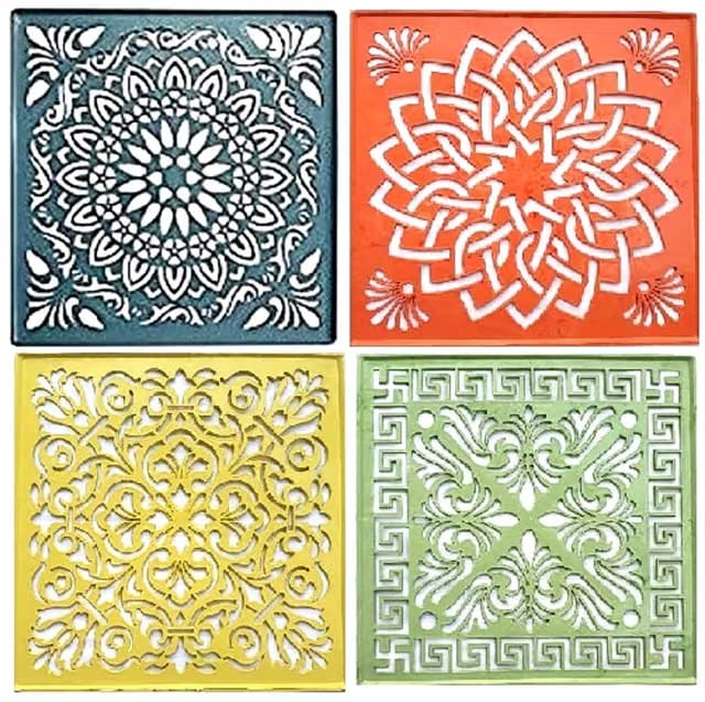 Plastic Rangoli Stencils for Floor Decoration (12x12 inches in Size- Set of 4)