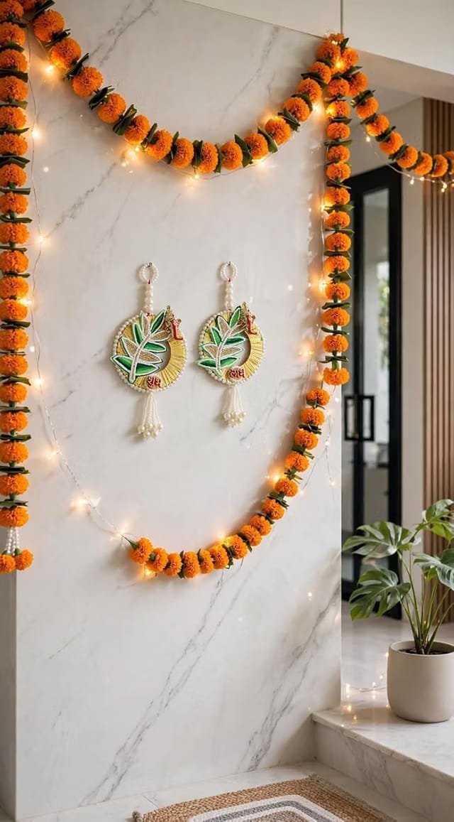 Wall Hanging Decor with Pearl Beads, Set of 2, Traditional Indian Door Hanging for Home Entrance, Pooja Room