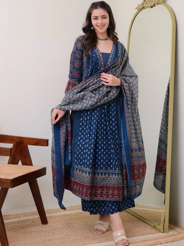Floral Printed V Neck Anarkali Kurta With Trousers & Dupatta