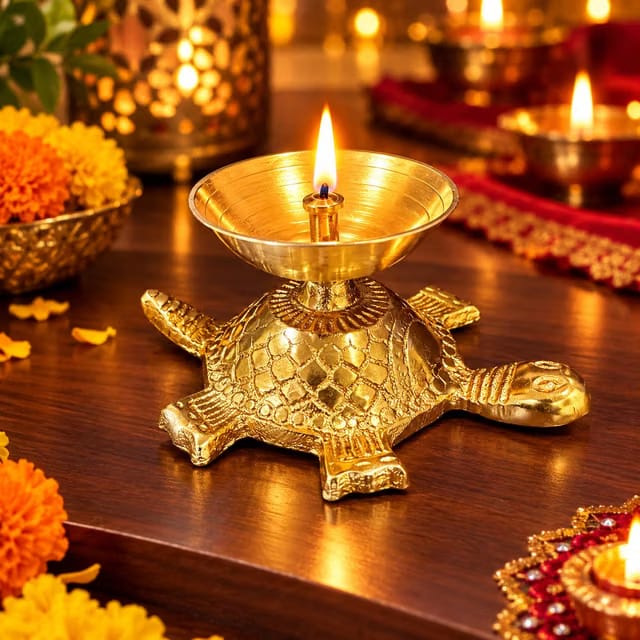 GD Creation Brass Turtle Diya for Pooja, Traditional Tortoise Diya for Home Temple, Diwali Decoration