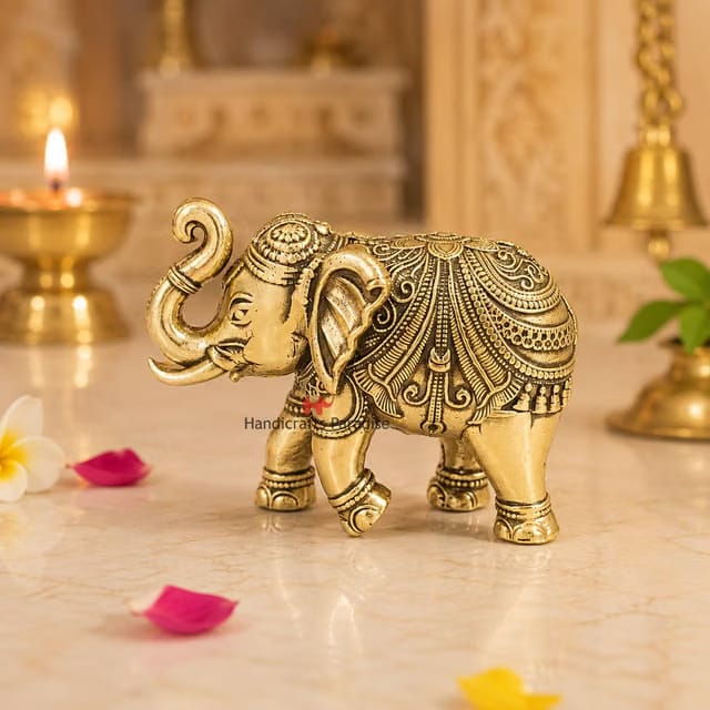 Miniature Brass Elephant Statue with Detailed Floral Carvings – Small Vastu Elephant for Home Décor 1.5 Inch Height