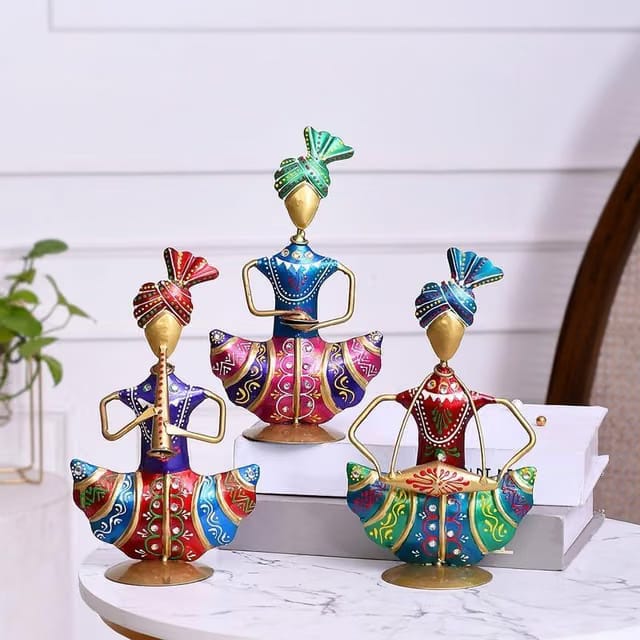 Multicolour Iron Rajasthani Musician Mini Doll Showpiece for Table Decoration (Set of 3)