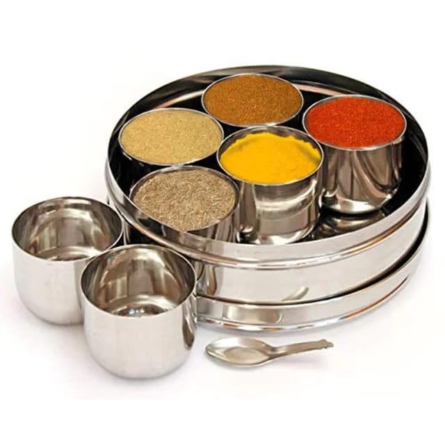 TGS Stainless Steel masala dabba Spice Organiser Set of 7 Vati and 1 Small Spoon for Kitchen (Medium, Silver)