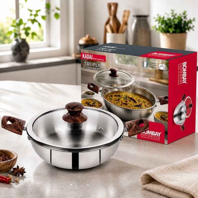 Triply Kadai with Glass Lid, 22 cm, Induction Compatible