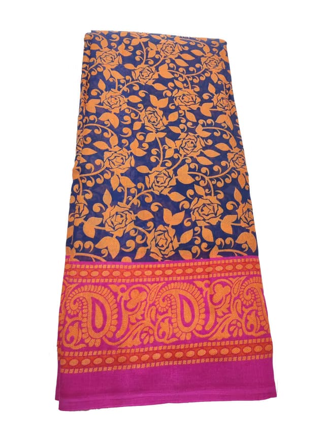 Womans Nauvari Saree Or Nine/Ten Yard Print Saree In Dark Colour With Contrast Colour Border And Pallu. Allover Flower