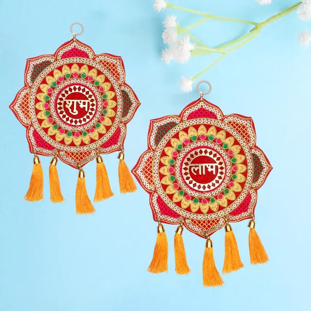 1 Pair Velvet Cloth Shubh Labh Wall Hanging Chakla with Tassels