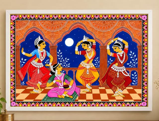 Indian Classical Odissi Dancers Framed Wall Art, Traditional Pattachitra Painting,A4 Size,Ready to Hang