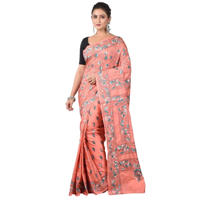 Aishani Colletion Hand Embroidery Kantha stitch Silk Handloom Saree with bp