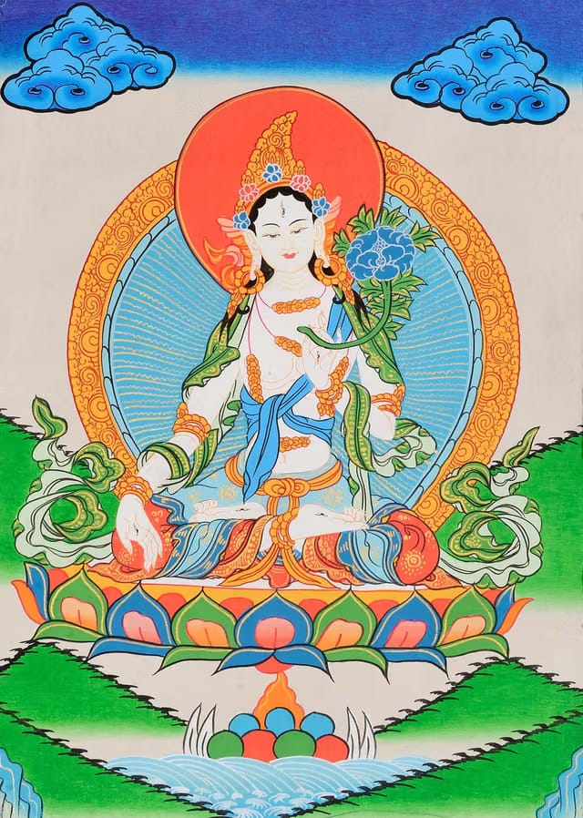 Exotic India Tibetan Buddhist Goddess White Tara - Tibetan Thangka Painting