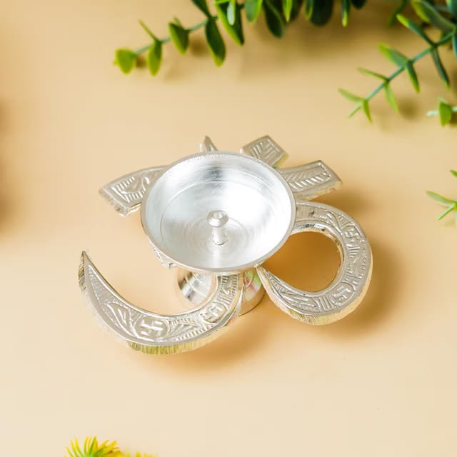 Om Shape Silver Metal Diya for Puja, Decorative Oil Lamp
