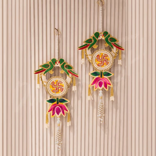 Handmade Love Birds Swastik Wall Hanging Pair with Lotus & Pearl Beads
