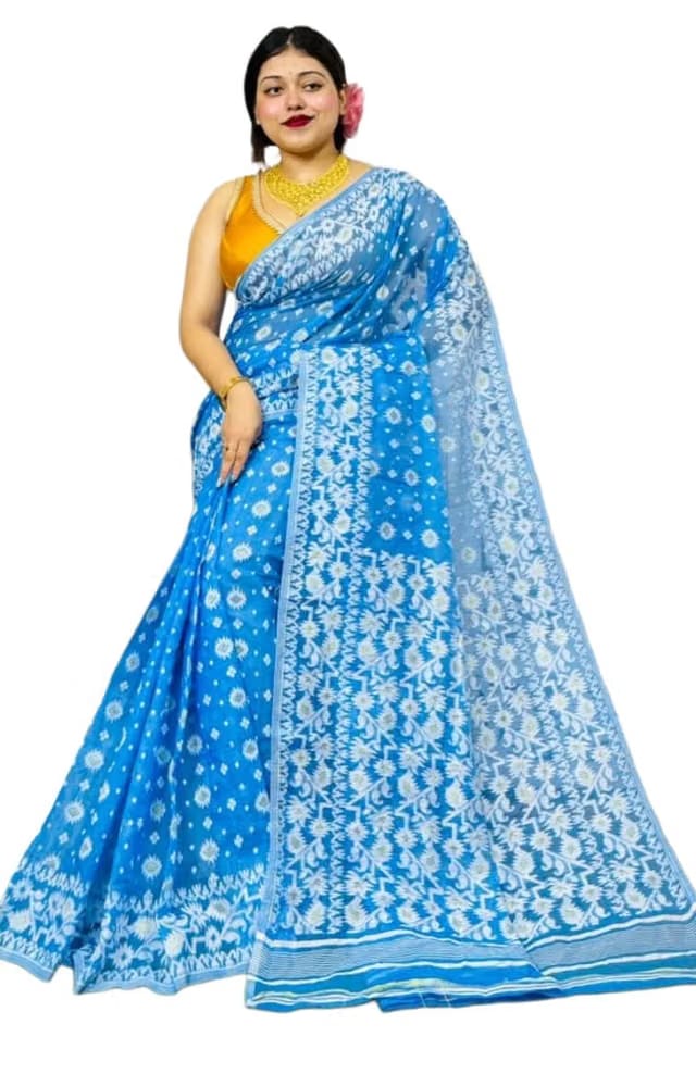 SAPTAK FASHION Dhakai Jamdani Saree, Traditional Floral Woven Design, Geometric Border, Women's Ethnic Wear