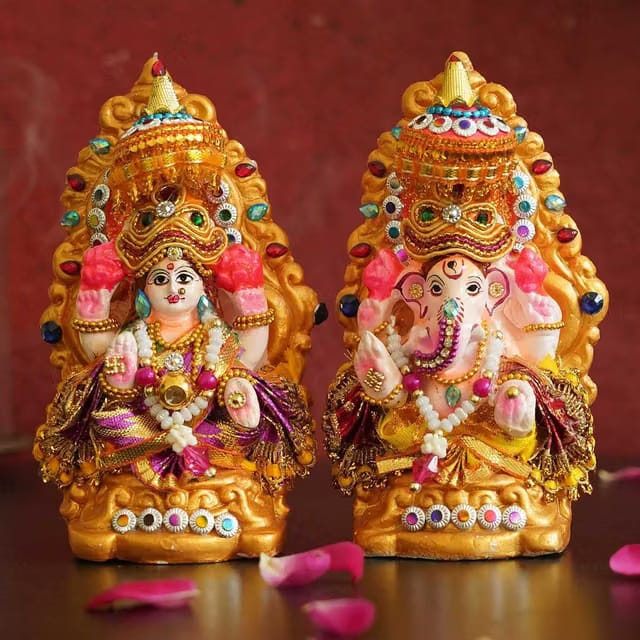 TIED RIBBONS Lord Laxmi Ganesh Pair Murti Mitti Terracotta Clay Idol Statue Showpiece (12.7 Cm X 7.6 Cm)