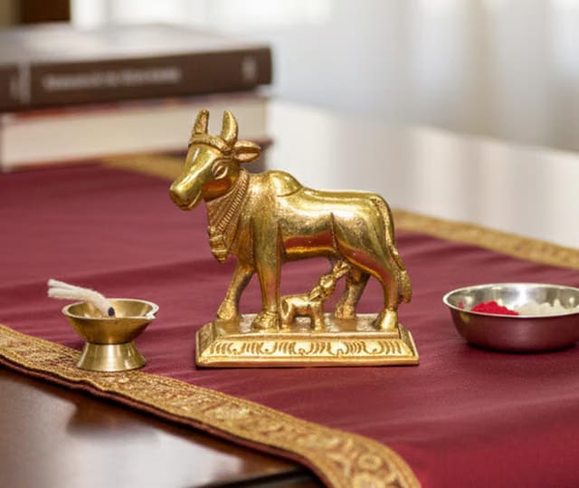 Brass Kamdhenu Cow and Calf Sculpture - 6.5 cms