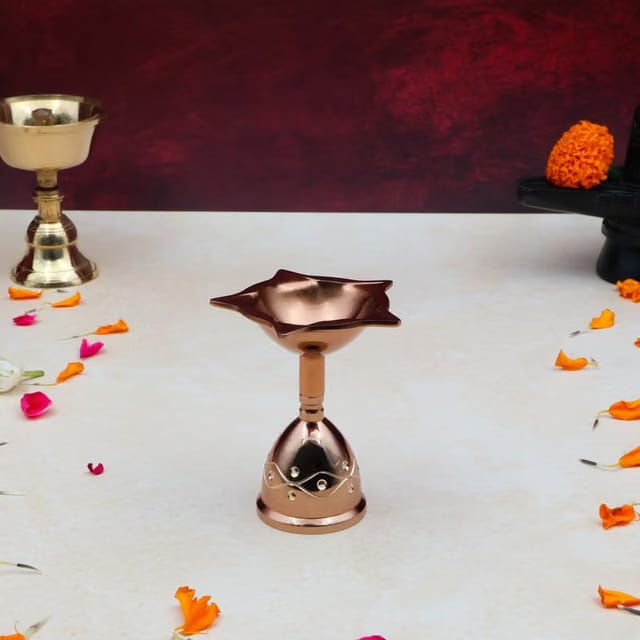 Pure Brass Traditional Rose Gold Five Face Panchmukhi Diya with Heavy Stand