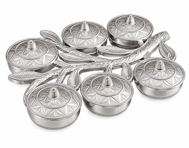 Silver-Tone Decorative Mukhwas Containers with Embossed Lids, 6 x 6 Inch, Set of 6 for Pooja, Festive Decor and Gifting