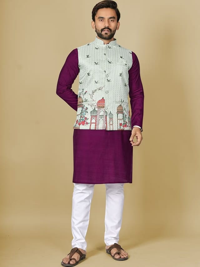 Men Mandarin Collar Kurta With Pyjamas & Nehru jacket