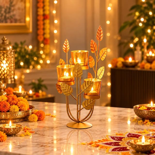 Golden Leaf T-Light Candle Holder with 3 Glass Votives