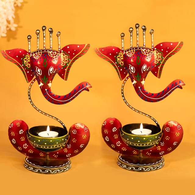 Handpainted Ganesha Metal Tealight Candle Holder for Home Decor