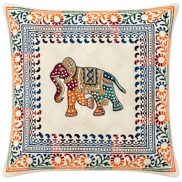 Chitrakala Jaipuri Elephant Folk Art Cushion Cover Set of 5-16x16 inches